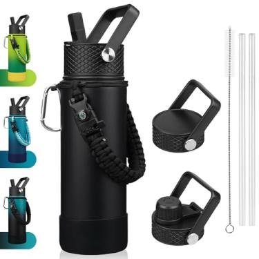 Imagem de BJPKPK Garrafa de água isolada com tampa de palha, garrafas de água térmica de 650 ml com 3 tampas, alça de paracord e bota antiderrapante, garrafas de água de metal de aço inoxidável à prova de