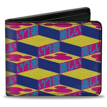 Imagem de Carteira Disney, duas dobras, blocos de personagens japoneses divertidos do Mickey Mouse da Disney, várias cores, couro vegano, 4.0" x 3.5", Casual