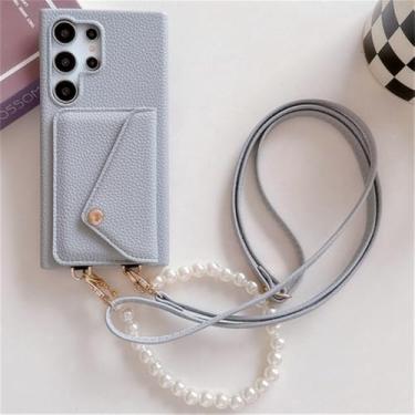 Imagem de Bolsa de couro para cartão para Samsung S23 S24 Plus Ultra S23FE Zflip 4 5 A35 A55 capa à prova de choque pulseira de pérola cordão, ciano, para ZFlip3