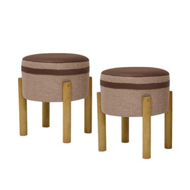 Imagem de Kit 2 Puff Evora Reforçado 4 Pés de Madeira Maciça Redondo Decorativo Tecido Linho com Detalhe Corino para Sala de Estar Diversas Cores (Bege)