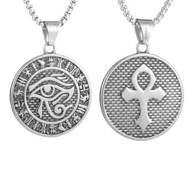 Imagem de Colar masculino punk hip hop rock redondo runa viking olho do diabo (olho de Deus), material de aço inoxidável 316L, corrente de pérola quadrada de aço inoxidável prata, joia retrô talismã, padrão,,