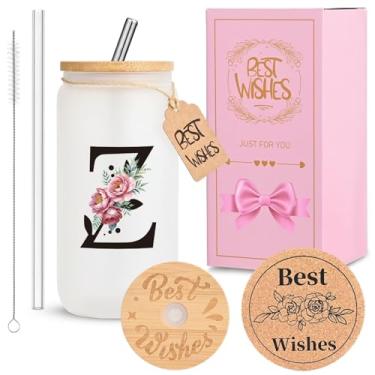 Imagem de HWJH Copo de vidro inicial personalizado para mulheres - copo de vidro à prova de vazamento de 473 ml com tampa e canudos, conjunto de presente com monograma, copo reutilizável fosco fosco para café,