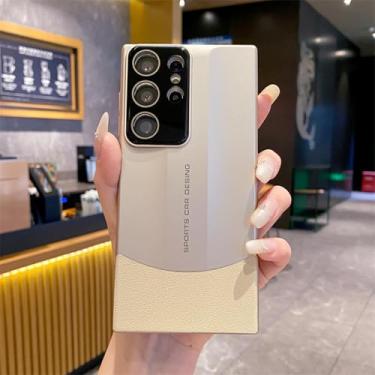 Imagem de HPQWN Para Samsung S25Plus Luxo Splicing Vegan Couro Matte Hard Pc Capa Ultra Fina com Lente Folha Capa À Prova de Choque (Para Samsung S25Plus/Desert Gold)