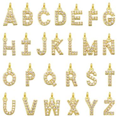 Imagem de 26 pingentes de letras A-Z zircônia cúbica latão banhado a ouro pingentes de glitter para fazer joias, pulseiras, colares, brincos, artesanato faça você mesmo