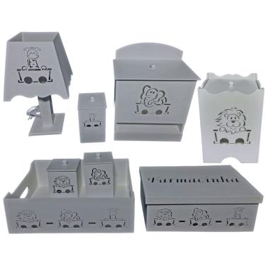 Imagem de Kit higiene bebe mdf decorado 8pçs - safari branco