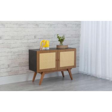 Imagem de Balcão Buffet Mdf Preto Pés Jatobá 2 Portas Freijó Com Palhinha Retrô 