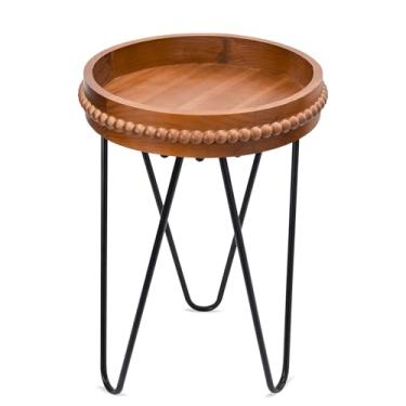 Imagem de VCUTEKA Mesa lateral redonda pequena mesa lateral de madeira com 3 pernas de metal, suporte para plantas, mesas de centro internas