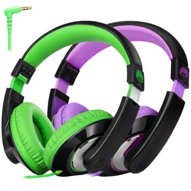 Imagem de rockpapa Fones de ouvido infantis confortáveis para escola, leves, para crianças, meninos, meninas, adolescentes, 3,5 mm, para leitor de CD, DVD, tablet, telefone, viagem, preto/verde + preto/roxo