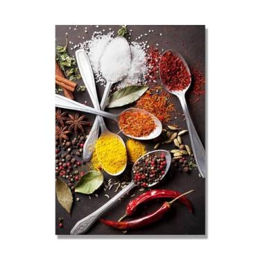 Imagem de Arte de parede colorida em tela para especiarias e colher de tempero | Decoração de cozinha vintage | Arte moderna para casa e sala de jantar (especiarias mistas 17). 30 x 42 cm-11,8 x 16,5 pol. sem