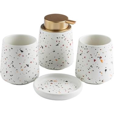 Imagem de Conjunto De Banheiro, Conjuntos De Dispensador De Sabonete Branco, Com Suporte Para Escova De Dentes, Dispensador De Sabonete, Saboneteira, Caneca De Escova De Dentes, Para Casa, Hotel, Cer, C