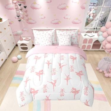 Imagem de Conjunto de edredom casal de 7 peças, com estampa de bailarina e sapatos de princesa, tema de dançarina de desenho animado em uma bolsa com edredom, lençol de cima, lençol de cima e fronhas