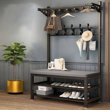 Imagem de Suporte De Casaco De Metal Com Sapato Beh, Árvore De Casaco Moderna Com 10 Ganchos E 2 Prateleiras De Sapato, Muito Espaço De Armazenamento, Árvore De Hall De Entrada 4 Em, A, 60x33x170cm