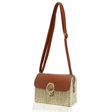 Imagem de Abuyall Bolsas femininas de palha vintage, bolsa de viagem de verão, praia, férias, vime, tecido de vime, Capa redonda - envelope - bege, Small