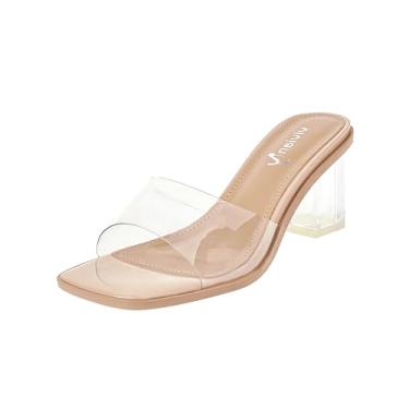 Imagem de vivianly Sandália feminina de salto transparente peep toe mules frente única stiletto salto alto sem cadarço chinelos sapatos sociais, Nude, 6,5 cm (2,5"), 9