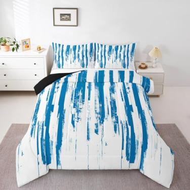 Imagem de Erosebridal Conjunto de edredom boêmio azul celeste, tamanho queen, arte abstrata, estética, listrado, para crianças, adolescentes e adultos, colcha de aquarela com pintura a tinta, grafite, aquarela