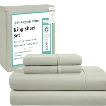 Imagem de Lençóis 100% algodão orgânico para cama king size, tecido acetinado luxuoso de 300 fios, certificado GOTS, conjunto de lençóis King com bolso profundo de 38 cm, macio e respirável, sem comprimidos e