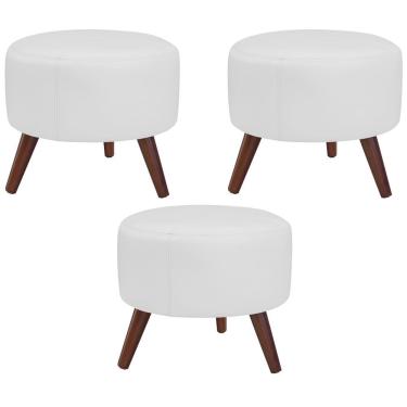 Imagem de Kit 03 Puffs Decorativos Redondo Couro Branco Fosco