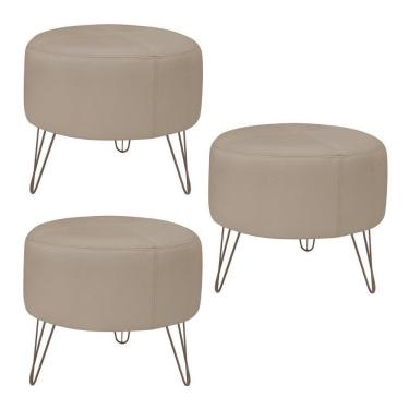 Imagem de Kit 3 Puffs Decorativos Redondo Couro Bege