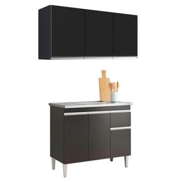 Imagem de Balcão de Pia Tatiane 100cm e Armário Aéreo Andréia 3 Portas Preto Fos