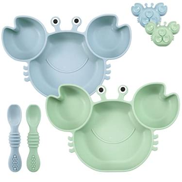 Imagem de PandaEar Pacote Com 2 Pratos De Silicone Ventosa Para Bebês, Divisórias, Inquebráveis, Alimentação Infantil, Colheres, Utensílios Formato Caranguejo - Azul E Verde