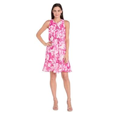 Imagem de Vestido trapézio floral diurno com frente plissada e bainha com babados, Rosa/branco, 44
