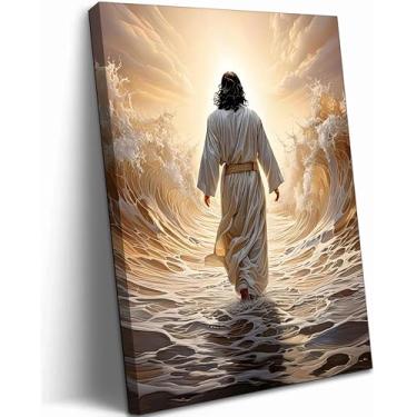Imagem de Arte de parede abstrata Jesus andando sobre a água histórias bíblicas cristãs decoração de parede espiritual imagens luz divina moderno pôster religioso impresso arte para sala de estar quarto igreja