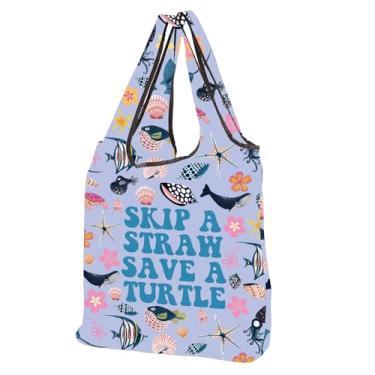 Imagem de CMNIM Skip a Straw Save a Turtles Gift Ocean Beach Tote Bag Turtle Gift for Turtles Lovers Bolsa de mercearia reutilizável dobrável (25623 Turtle F)