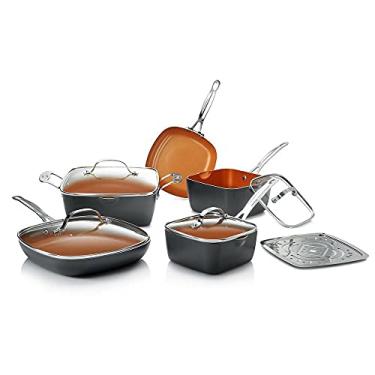 Imagem de Conjunto quadrado de cozinha quadrada de 10 peças de aço Gotham com revestimento antiaderente de Ti-Cerama-25% mais espaço de cozimento do que redondo-inclui frigideiras, frigideiras, panelas e vapores, como visto na TV-grafite