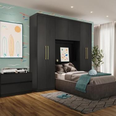 Imagem de Guarda Roupa Infantil 6 Portas 2 Gavetas Porto Preto com Cabeceira