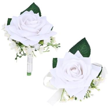 Imagem de MAFELOE Conjunto de 2 peças de corpete e flor na lapela para baile, festa de casamento, celebração, flores artificiais, acessórios para decoração de terno - branco
