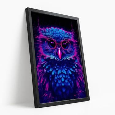 Imagem de Quadro Decorativo Coruja Neon Com Óculos Arte Digital Moderna Estilo Futurista Noturna Azul Roxo Criativa Com Moldura