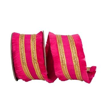Imagem de Reliant Ribbon Fita de borda com fio Dupioni de corte dourado com franja, fúcsia