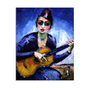 Imagem de Pintura famosa impressão em tela mulher com uma guitarra arte pintura a óleo pôster imagem retrato fauvista decoração de casa para sala de estar escritório 80 x 60 cm (31 x 24 polegadas) emoldurado