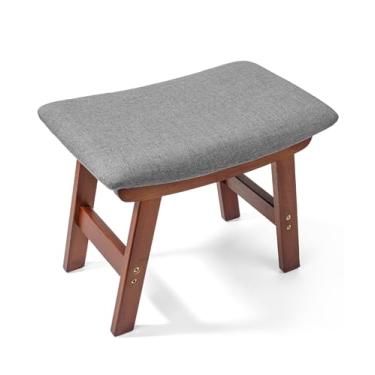 Imagem de Bamboo Land - Banquetas para pés de bambu, almofada cinza e pernas de madeira marrom, pequeno descanso de pés otomano para sofá