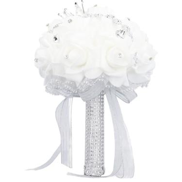 Imagem de Bouquet de casamento Flor artificial Buquê de noiva feita à mão com coroa e para festas de casamento suprimentos fotográficos adereços Pu Lace Setin Fabric 10,6 polegadas (Prata)
