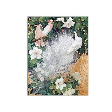 Imagem de Pintura famosa arte de parede - pavão branco e papagaio-animal impressão em tela - pintura de arte para decoração de parede de sala de estar - pôster de reproduções 70 x 90 cm 28 x 35 polegadas apenas