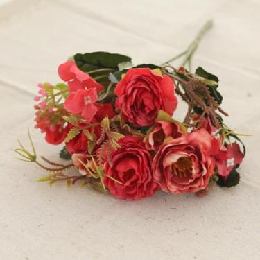 Imagem de Arranjo de flores artificiais de seda, buquê de peônias, vaso, flores falsas para casa, casamento, jardim, sala, decoração faça você mesmo, acessórios para festas (vermelho)