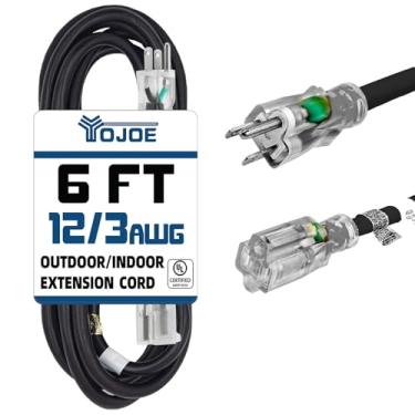 Imagem de YOJOE Cabo de extensão preto de 1,8 m, cabo de extensão resistente SJTW iluminado para uso externo, calibre 12, 3 pinos, com plugue aterrado de 3 pinos para segurança, listado na UL