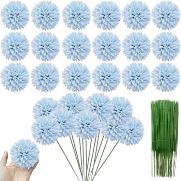 Imagem de HinyoCo 30 peças de crisântemos artificiais, cabeças de flores, buquê de bola de crisântemo de seda, buquês brancos de hortênsia para casa, escritório, cafeteria, festas e casamentos (azul)