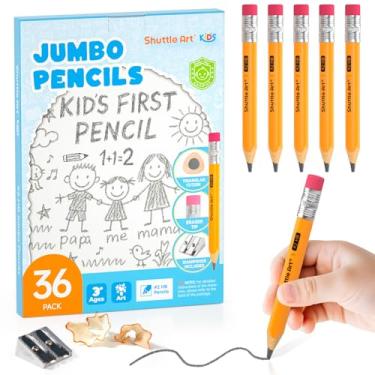 Imagem de Shuttle Art Lápis jumbo – Pacote com 36 lápis triangulares pré-afiados nº 2 HB com borrachas e apontadores superiores, para crianças de 3 a 5 anos, material escolar de jardim de infância, ideal para