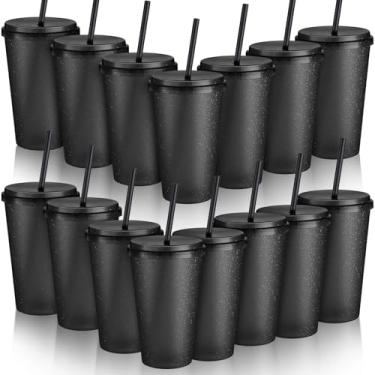 Imagem de Honeydak Pacote com 15 copos de plástico de 680 g com tampas e canudos a granel reutilizáveis copos de café gelado bebida fria caneca de viagem para festas adultos aniversários casamentos (preto)