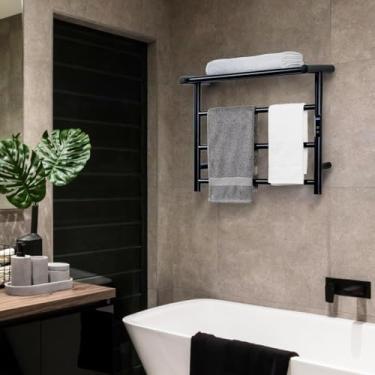 Imagem de Toalheiro Elétrico com LED, Preto, Alumínio, 58,5x30cm, Controle de Temperatura 45-70°C, Temporizador Digital, 4 Barras, Montagem na Parede, 110W