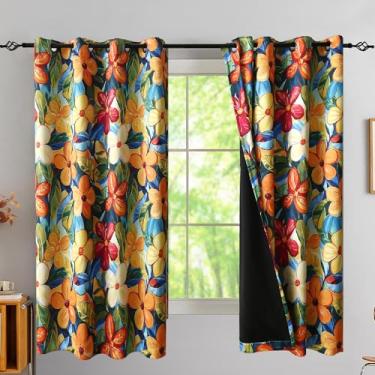 Imagem de Cortinas blecaute tropicais bloqueadoras de calor, cortinas florais amarelas brilhantes pesadas com laços para janelas de quarto cortinas havaianas de flores de hibisco coloridas 152 cm L x 163 cm, 2