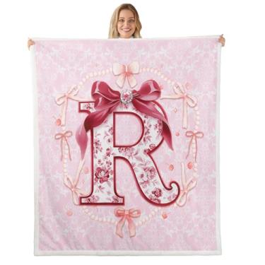Imagem de Erosebridal Cobertor de lã 3D letra R para bebês 76 x 101 cm com laço coquete rosa sherpa cobertor para mamãe/filha/irmã laço estético bonito decoração floral monograma felpudo pelúcia jogada (R)
