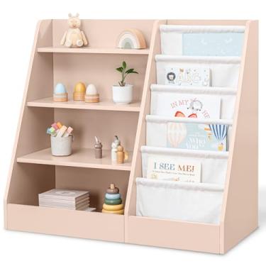 Imagem de Comfy Cubs Estante infantil de 90 x 40 x 81 cm – Prateleira Montessori de madeira compensada resistente com prateleiras macias e rígidas para brinquedos e livros – organizador de armazenamento de