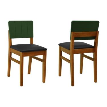 Imagem de Kit 2 Cadeiras Linhas Madeira Maciça Encosto MDF Laqueado Verde Musgo - Amêndoa - Assento Estofado Corano Preto