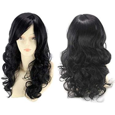 Imagem de Luxclipse Peruca Curta Cacheada De Cabelo Natural Com Franja, Longa Ondulada, Vermelha E Preta, Preta Para Festa, Cosplay, Fantasia Halloween, Humana Mulheres Meninas (Preta)