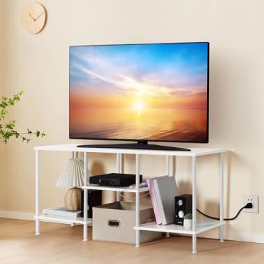 Imagem de OYEAL Suporte de TV branco para quarto com armário de armazenamento de TV de até 127 cm, mesa de console de TV pequena com tomadas elétricas, centro de entretenimento de mídia de 114 cm para sala de