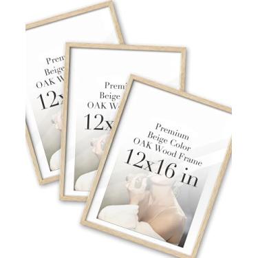 Imagem de iHery Moldura padrão de 30,5 x 40,6 cm, cor bege, madeira de carvalho natural, com fundo espesso de vidro acrílico de alta transparência, conjunto de molduras para fotos, design minimalista, borda