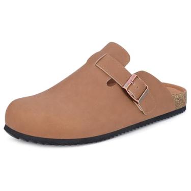 Imagem de Tamancos femininos de cortiça de couro sintético masculino com suporte de arco fivela ajustável confortável sem cadarço sapatos de batata unissex antiderrapante sandálias planas internas e externas